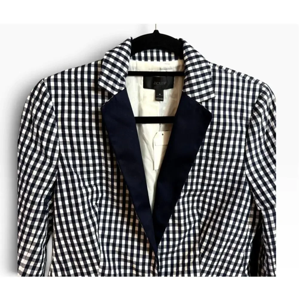 J.Crew Blazer Size 4 NWT Navy White Gingham Check Cotton Contrast Lapel Jacket